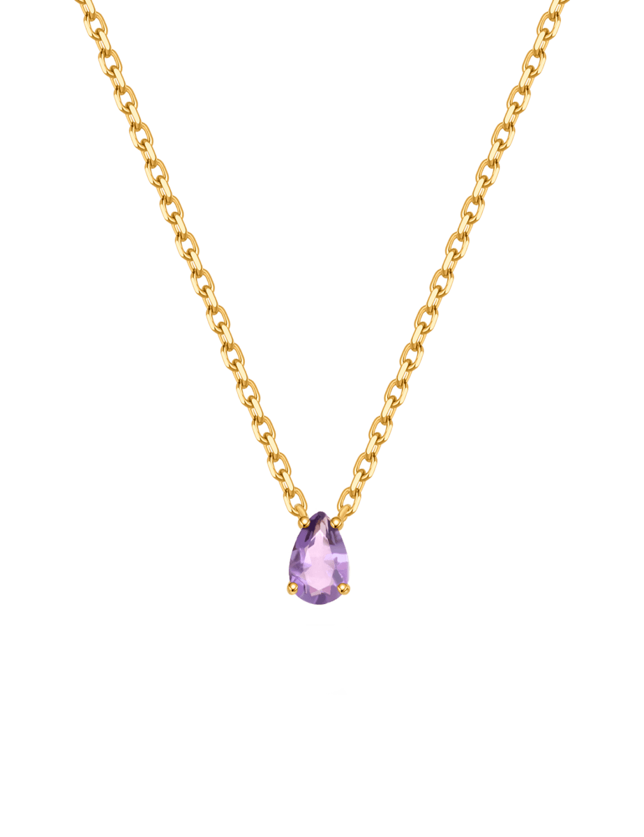 Pear-cut amethyst necklace in gold-plated sterling silver, symbolizing calm and clarity for February birthdays.