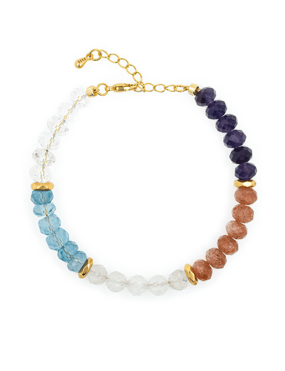 Aurora Glow Faceted Bracelet featuring Aquamarine, Tiger Eye, Sunstone, Gray Moonstone, and Citrine with gold accents.
