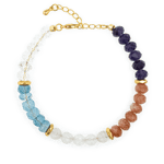 Aurora Glow Faceted Bracelet featuring Aquamarine, Tiger Eye, Sunstone, Gray Moonstone, and Citrine with gold accents.