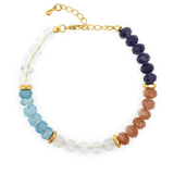 Aurora Glow Faceted Bracelet featuring Aquamarine, Tiger Eye, Sunstone, Gray Moonstone, and Citrine with gold accents.
