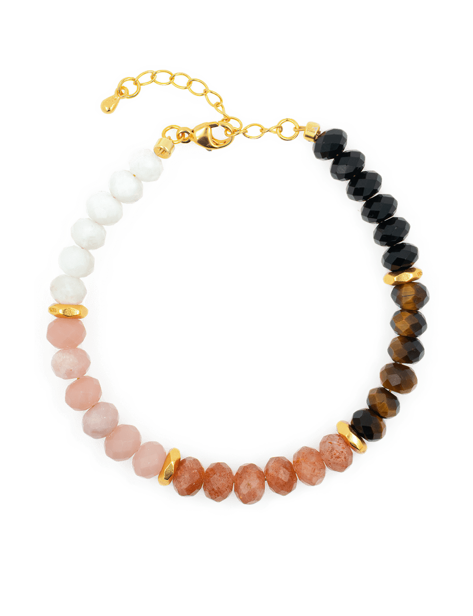 Five Elements Celestial Harmony bracelet with moonstone, pink opal, sunstone, gray moonstone, aquamarine and gold accents.