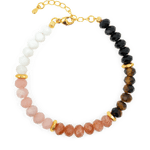 Five Elements Celestial Harmony bracelet with moonstone, pink opal, sunstone, gray moonstone, aquamarine and gold accents.