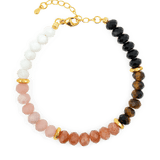 Five Elements Celestial Harmony bracelet with moonstone, pink opal, sunstone, gray moonstone, aquamarine and gold accents.