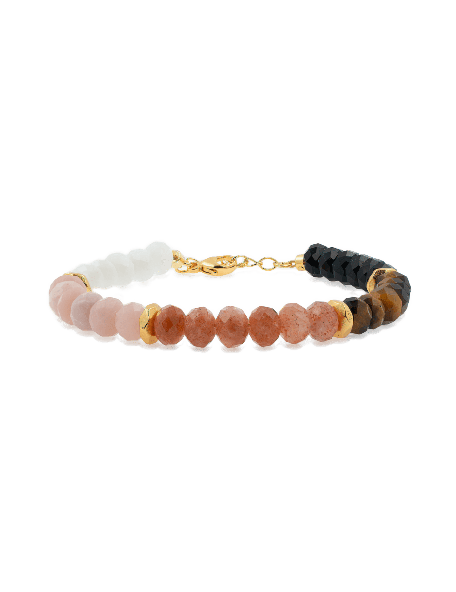 Celestial Harmony Faceted Bracelet with White Moonstone, Pink Opal, Sunstone, Gray Moonstone, and Aquamarine beads.