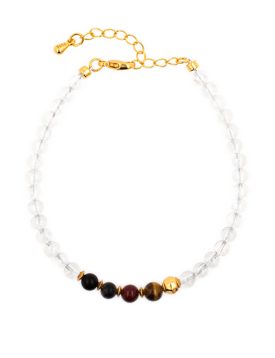 Five Elements Sacred Grove Bracelet featuring Black Onyx, Tiger Eye, White Quartz, and gold clasp for protection and balance.
