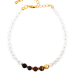 Five Elements Sacred Grove Bracelet featuring Black Onyx, Tiger Eye, White Quartz, and gold clasp for protection and balance.