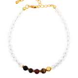 Five Elements Sacred Grove Bracelet featuring Black Onyx, Tiger Eye, White Quartz, and gold clasp for protection and balance.