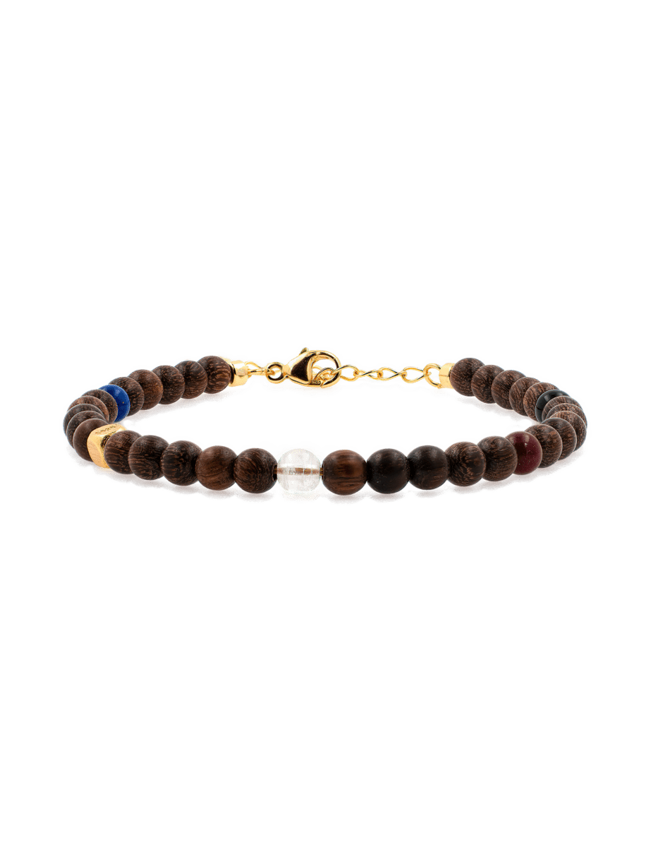 Five Elements Stellar Guardian Bracelet with black onyx, lapis lazuli, and sandalwood for elemental resonance.