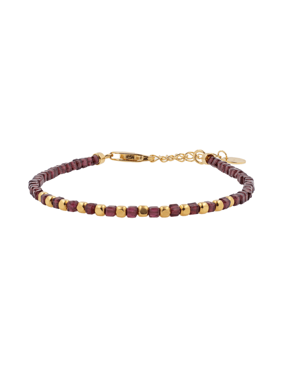 Garnet faceted dainty bracelet with gold-plated S925 beads, 2x2mm size, perfect for layering or solo wear.