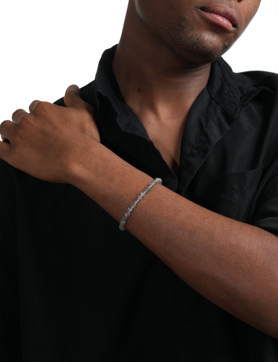 Model wearing BEAMMORE grey moonstone beaded bracelet – Elegant birthstone jewelry gift for men