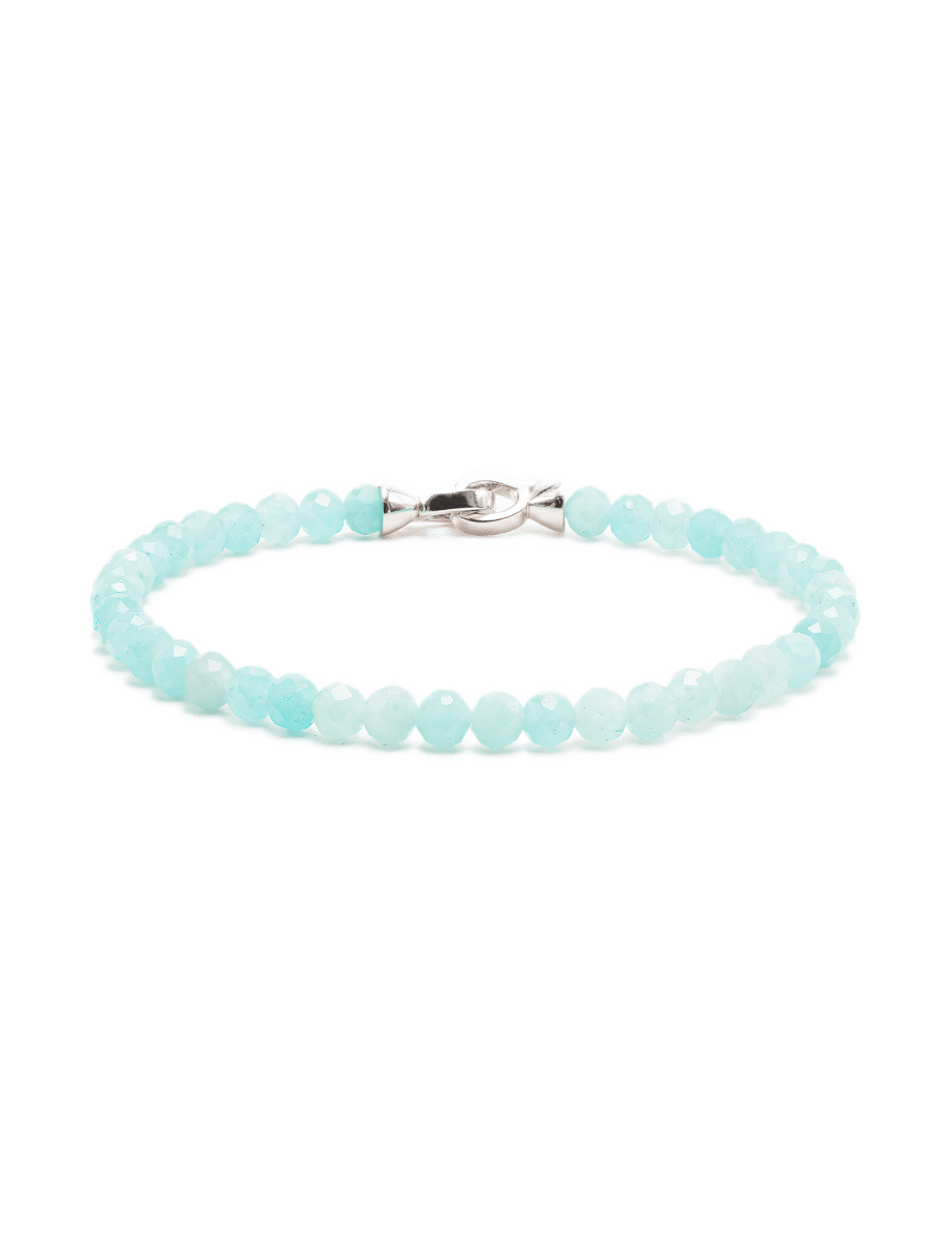 Growth Amazonite faceted bracelet for men with 4mm beads and sterling silver clasp, promoting communication and emotional balance.