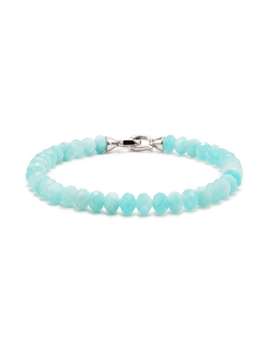 Growth Amazonite faceted bracelet with 4x6mm beads and 925 sterling silver clasp, promoting communication and emotional balance.