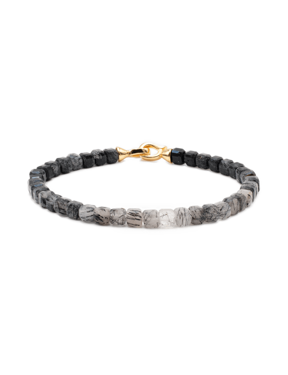 Black Rutilated Quartz bracelet for men, featuring 4x4mm beads and a gold clasp for strength and emotional healing.