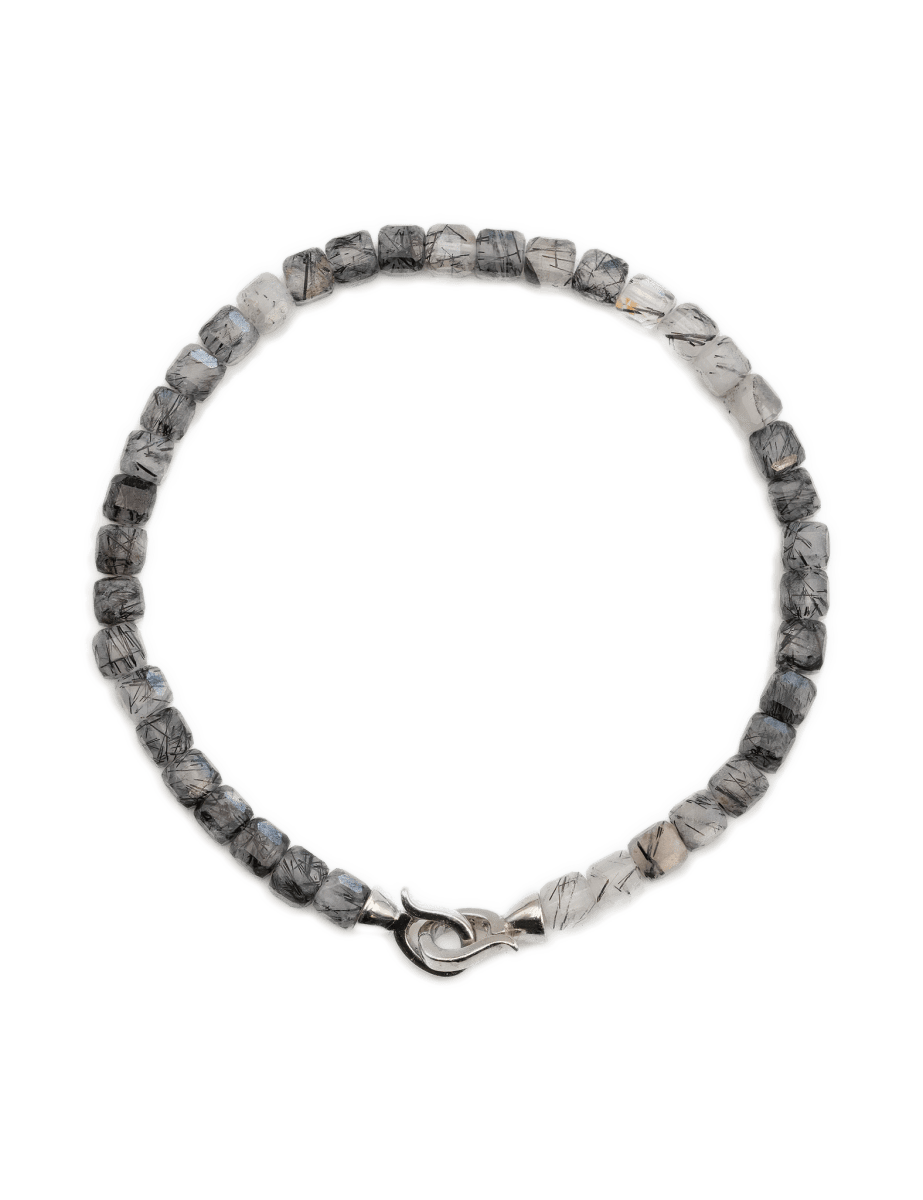 Growth Black Rutilated Quartz bracelet with 4x4mm beads and 925 sterling silver clasp, promoting resilience and clarity.