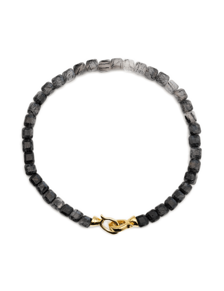 Growth Black Rutilated Quartz Bracelet with 4x4mm beads and 925 sterling silver clasp for men.