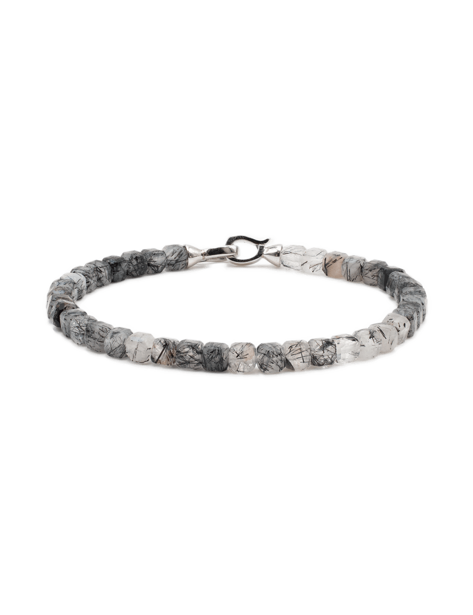 Growth Black Rutilated Quartz bracelet 4x4mm with 925 sterling silver clasp for men, promoting resilience and emotional healing.