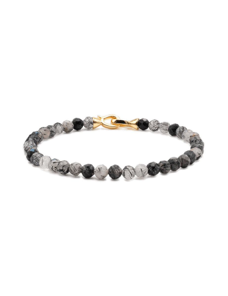 Black Rutilated Quartz faceted bracelet for men with 4mm beads and gold clasp promoting growth and clarity.