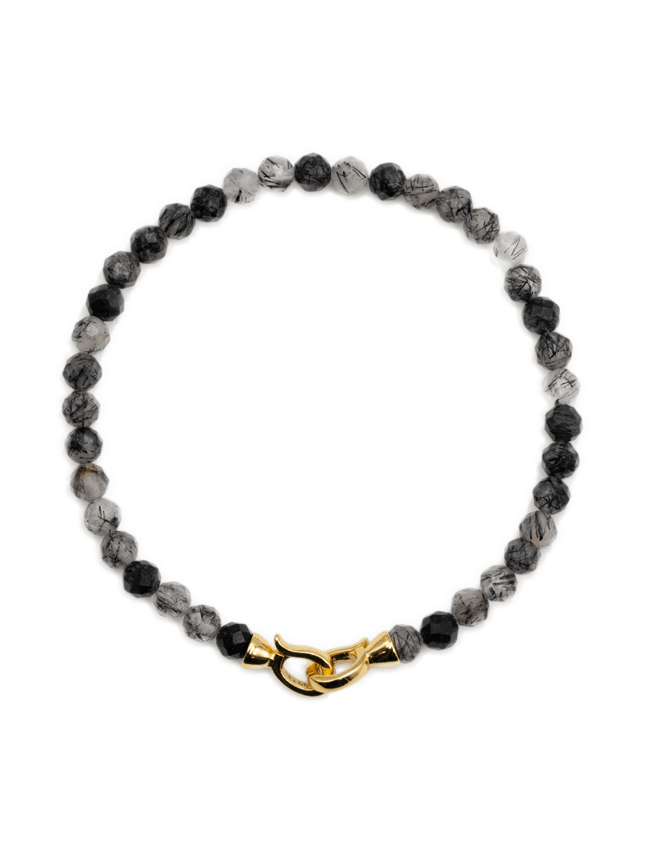 Black Rutilated Quartz faceted bracelet for men with 925 sterling silver clasp, promoting growth and emotional healing.