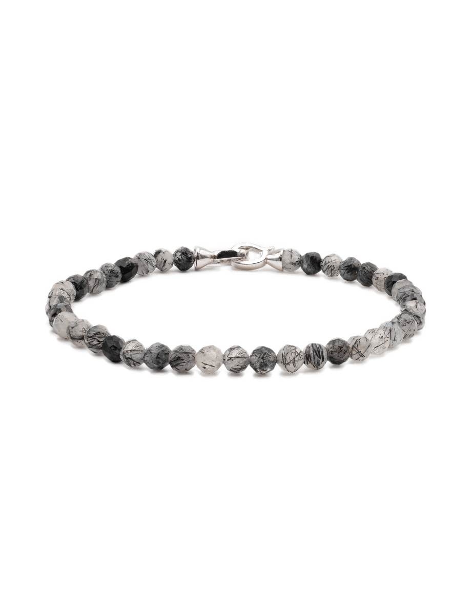 4mm Black Rutilated Quartz faceted bracelet for men with 925 sterling silver clasp, promoting growth and resilience.