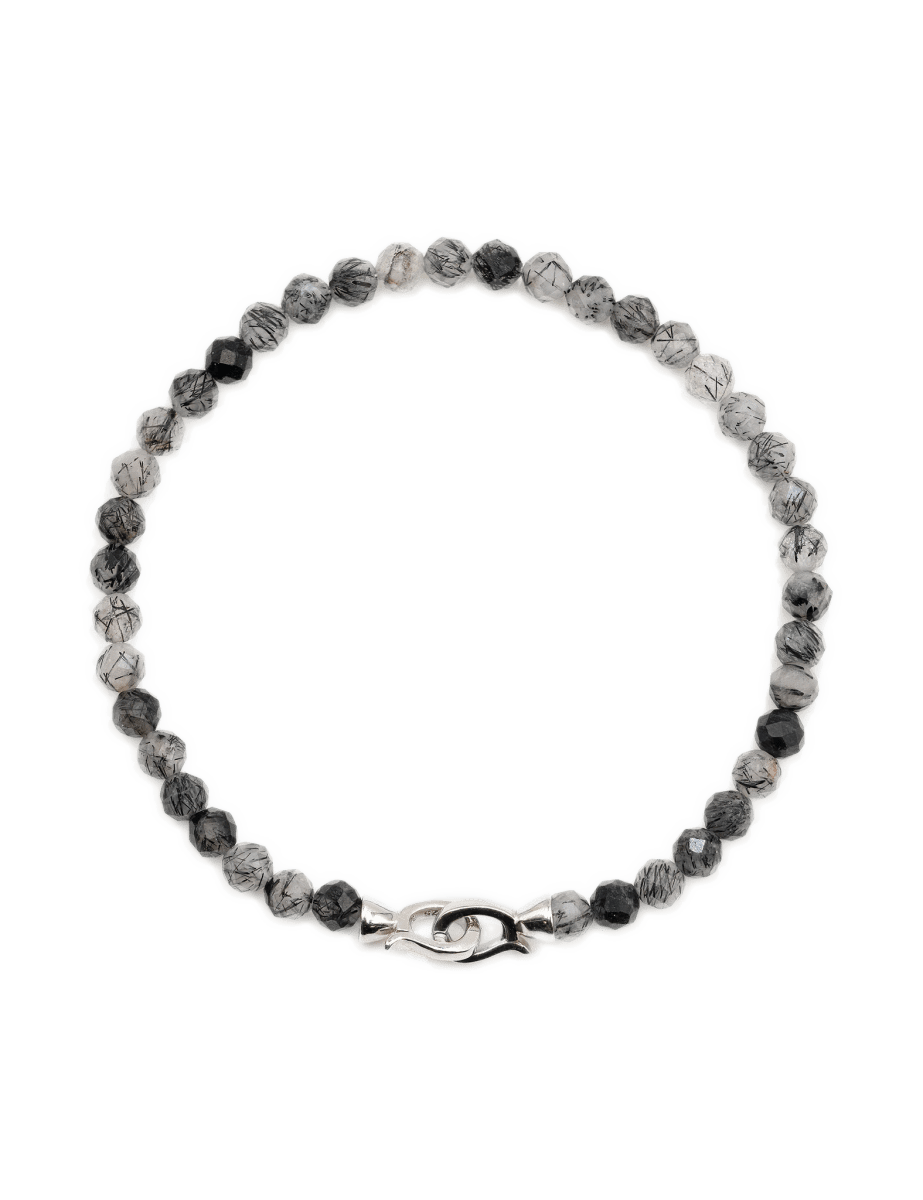 Growth Black Rutilated Quartz 4mm faceted bracelet for men with 925 sterling silver clasp.