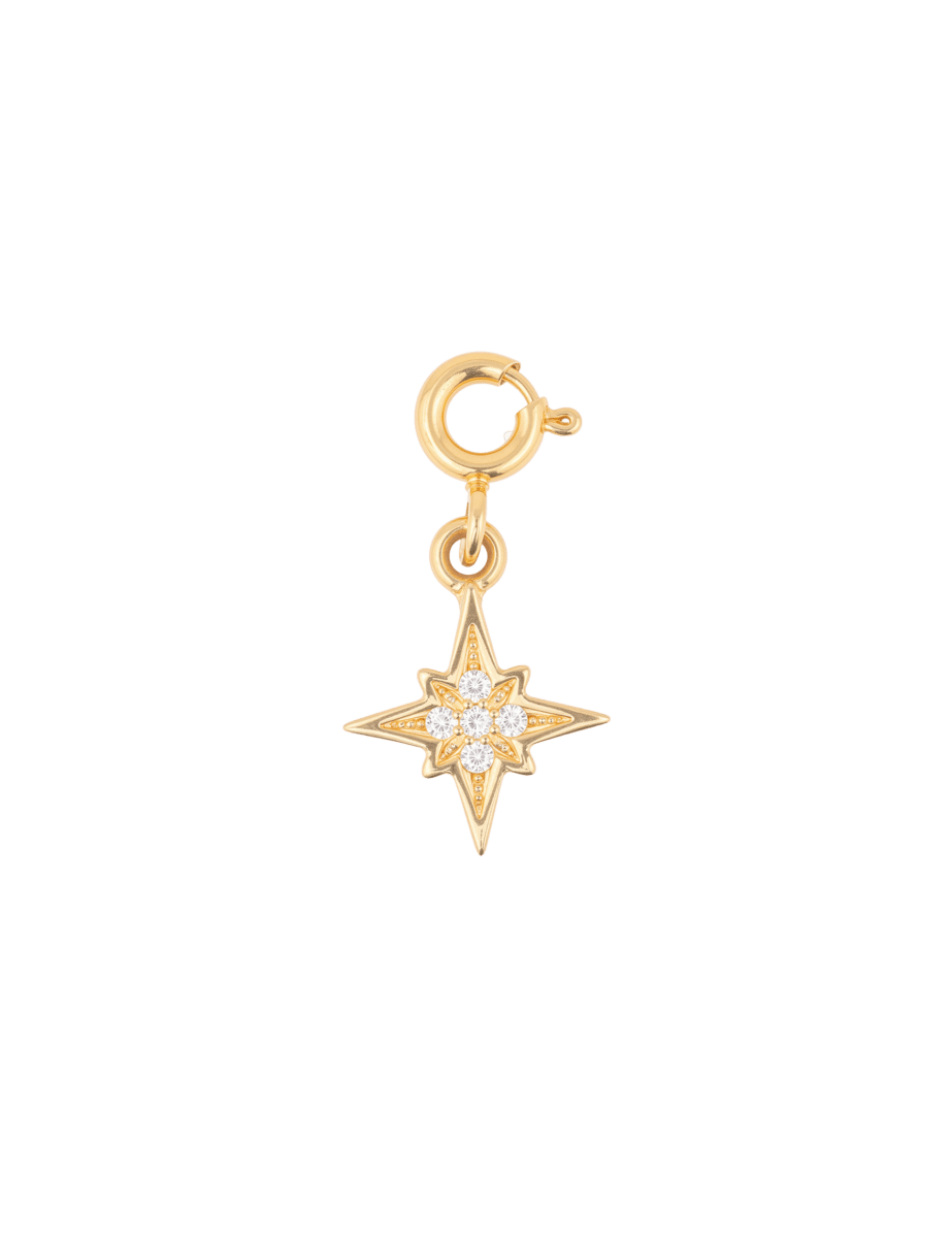 Gold Cross Star Charm with shimmering zircon, symbolizing growth, guidance, and protection.