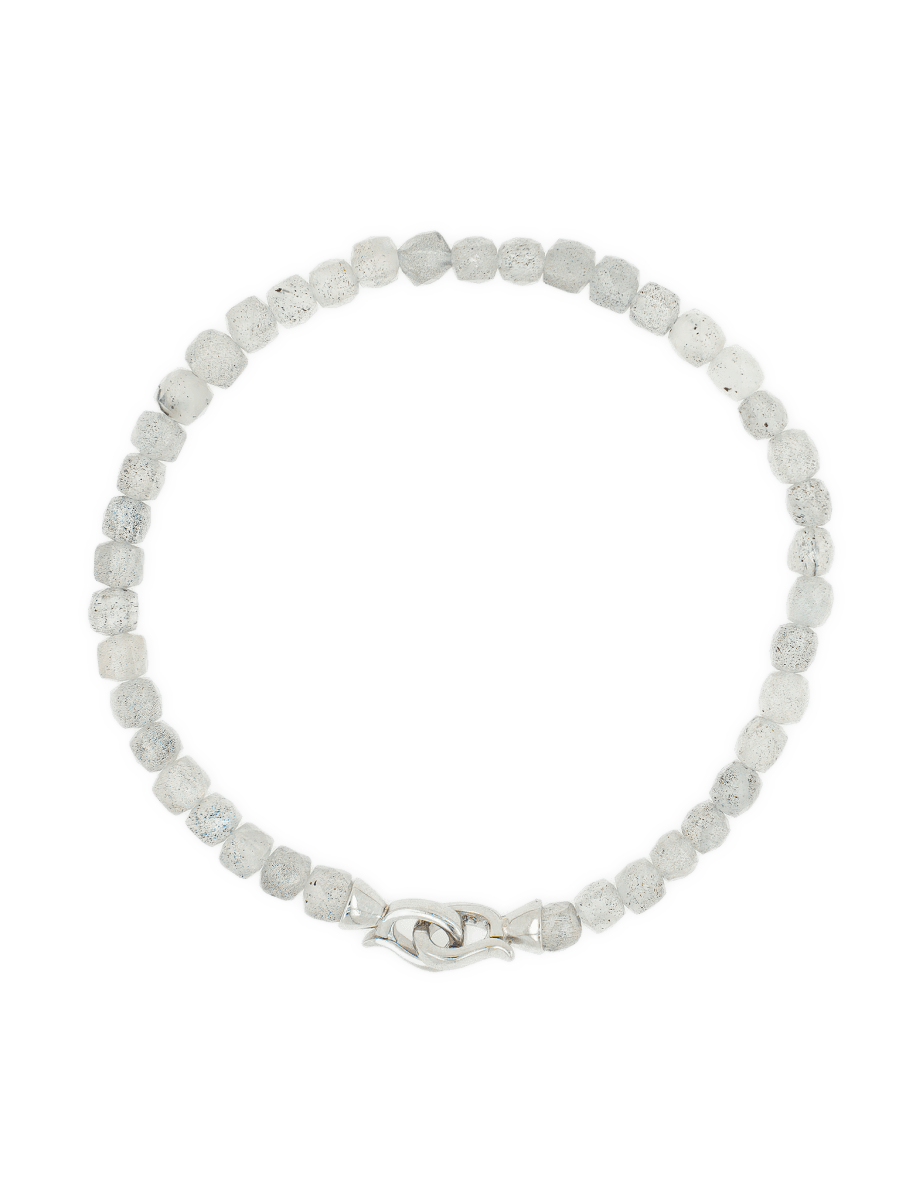 Gray Moonstone bracelet with 4x4mm beads and a sterling silver clasp, symbolizing growth and emotional balance.