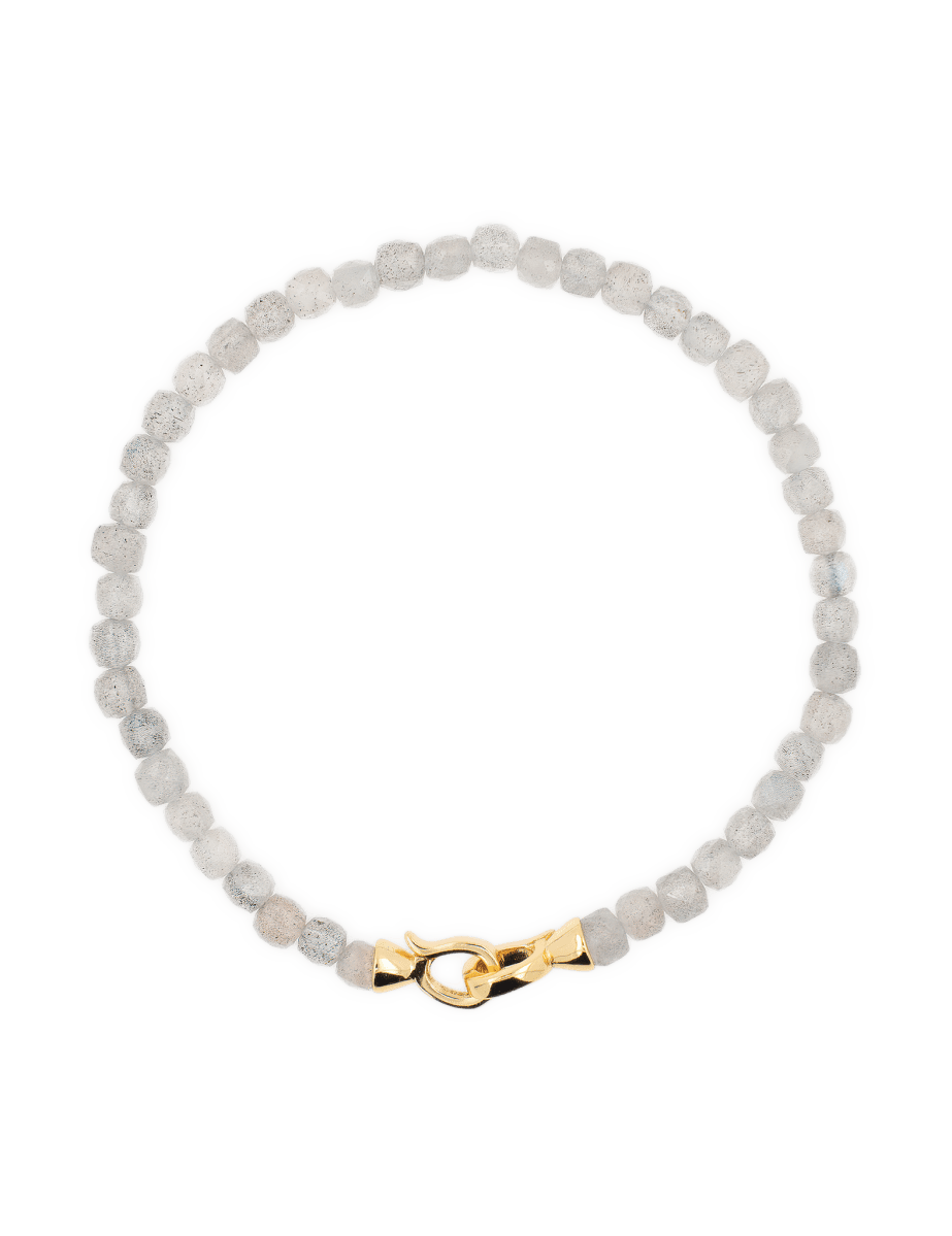 Growth Gray Moonstone bracelet with 4x4mm beads and gold clasp, symbolizing intuition and emotional strength.