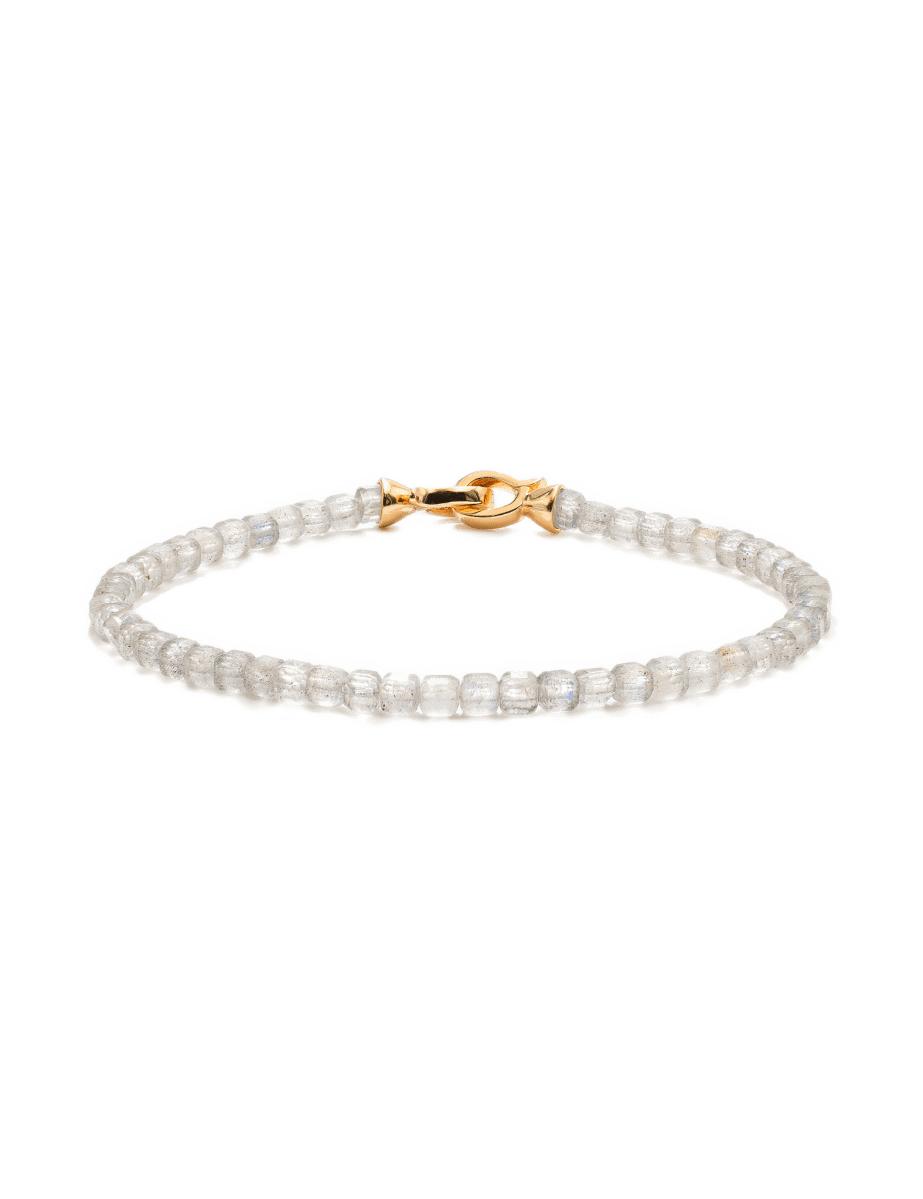 Growth Gray Moonstone bracelet with 4x4mm beads and elegant gold clasp, symbolizing intuition and emotional strength.