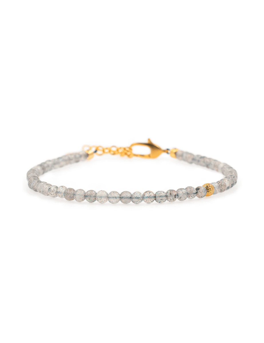 Gray Moonstone dainty bracelet with 3mm silver spacer beads, perfect for emotional balance and spiritual growth.