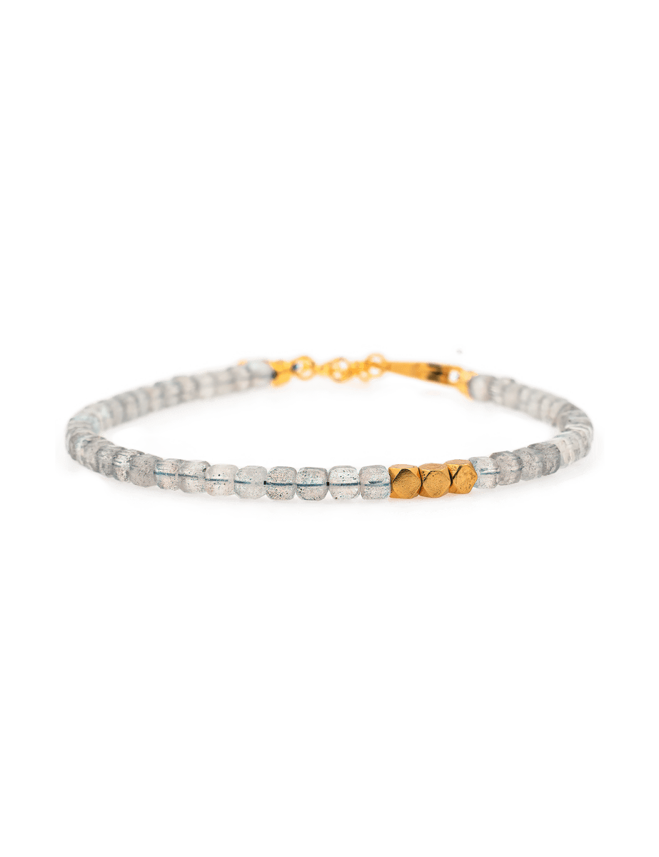 Gray Moonstone faceted bracelet with silver spacer beads, symbolizing balance and intuition.