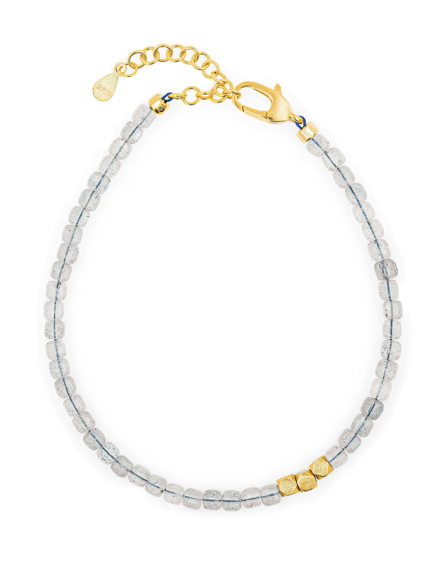 Gray Moonstone faceted bracelet with silver and gold spacer beads, elegant and durable for spiritual growth.