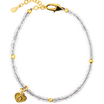 Gray Moonstone faceted bracelet with silver spacer beads and heart charm, symbolizing love and emotional balance.