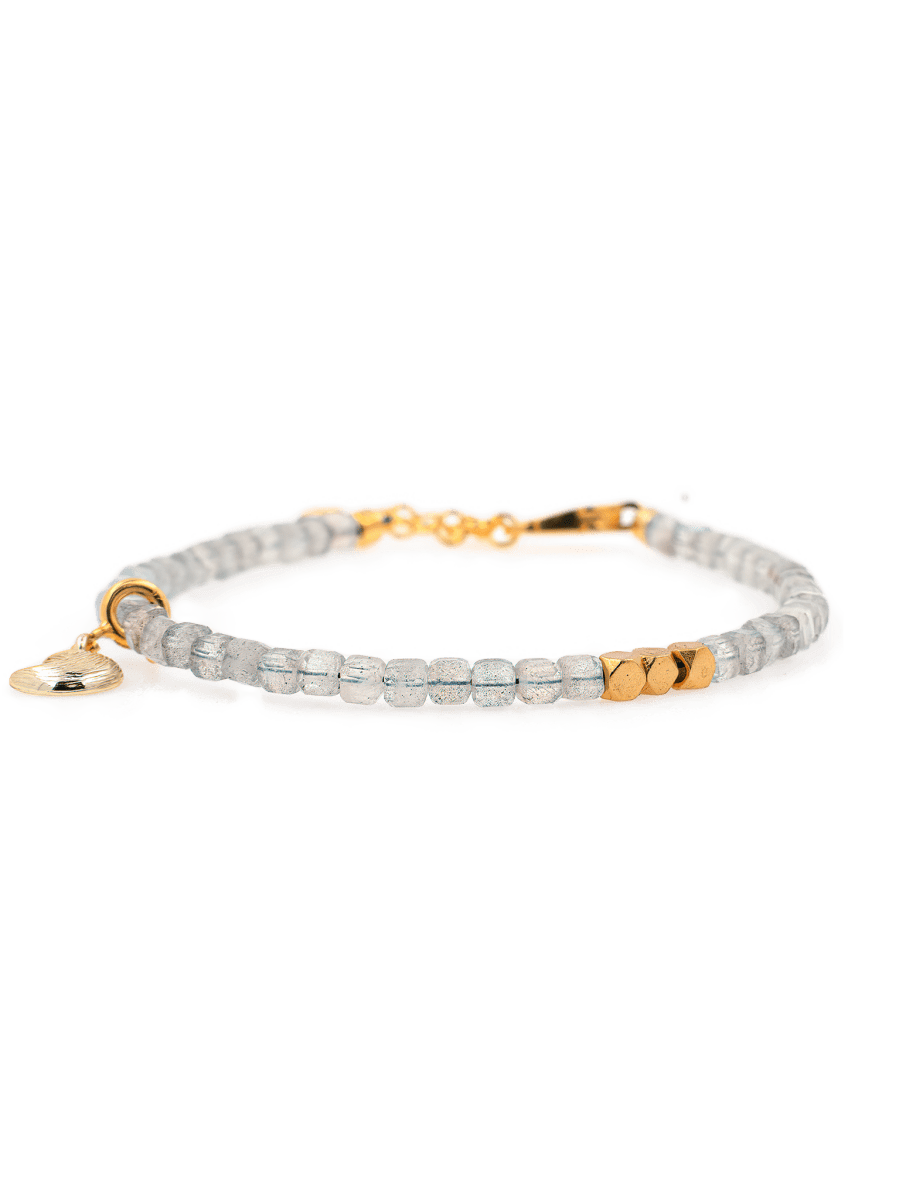Gray Moonstone faceted bracelet with silver spacer beads and moon charm, ideal for intuition and balance.