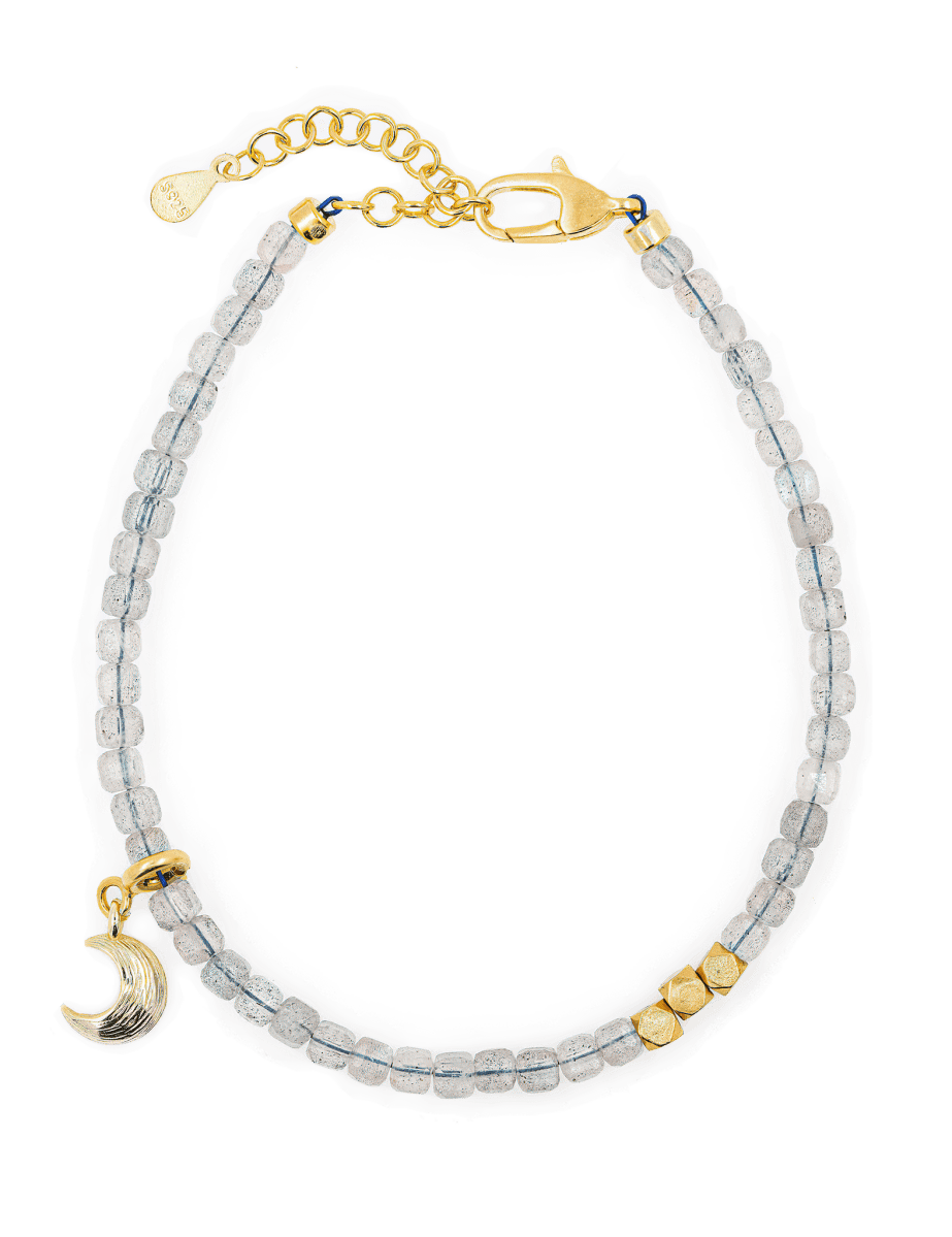 Gray Moonstone faceted bracelet with silver spacer bead and moon charm, promoting intuition and balance.