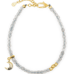 Gray Moonstone faceted bracelet with silver spacer bead and moon charm, promoting intuition and balance.