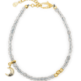 Gray Moonstone faceted bracelet with silver spacer bead and moon charm, promoting intuition and balance.
