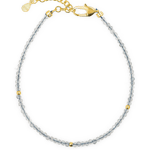 Growth Gray Moonstone bracelet with gold clasps and spacer beads, symbolizing balance and intuition.