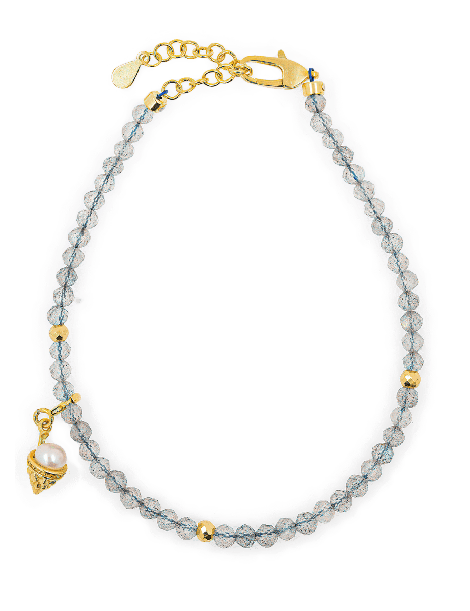 Gray Moonstone faceted bracelet with gold spacer beads and ice cream charm, symbolizing joy and emotional balance.
