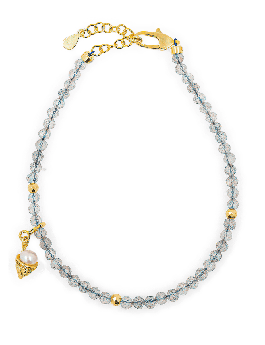 Gray Moonstone faceted bracelet with gold spacer beads and ice cream charm, symbolizing joy and emotional balance.