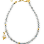 Gray Moonstone faceted bracelet with gold spacer beads and ice cream charm, symbolizing joy and emotional balance.