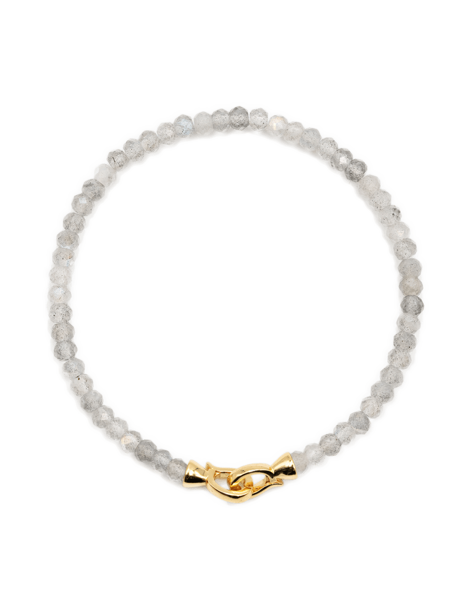 Elegant Growth Grey Moonstone bracelet with faceted beads and gold clasp, symbolizing intuition and emotional balance.