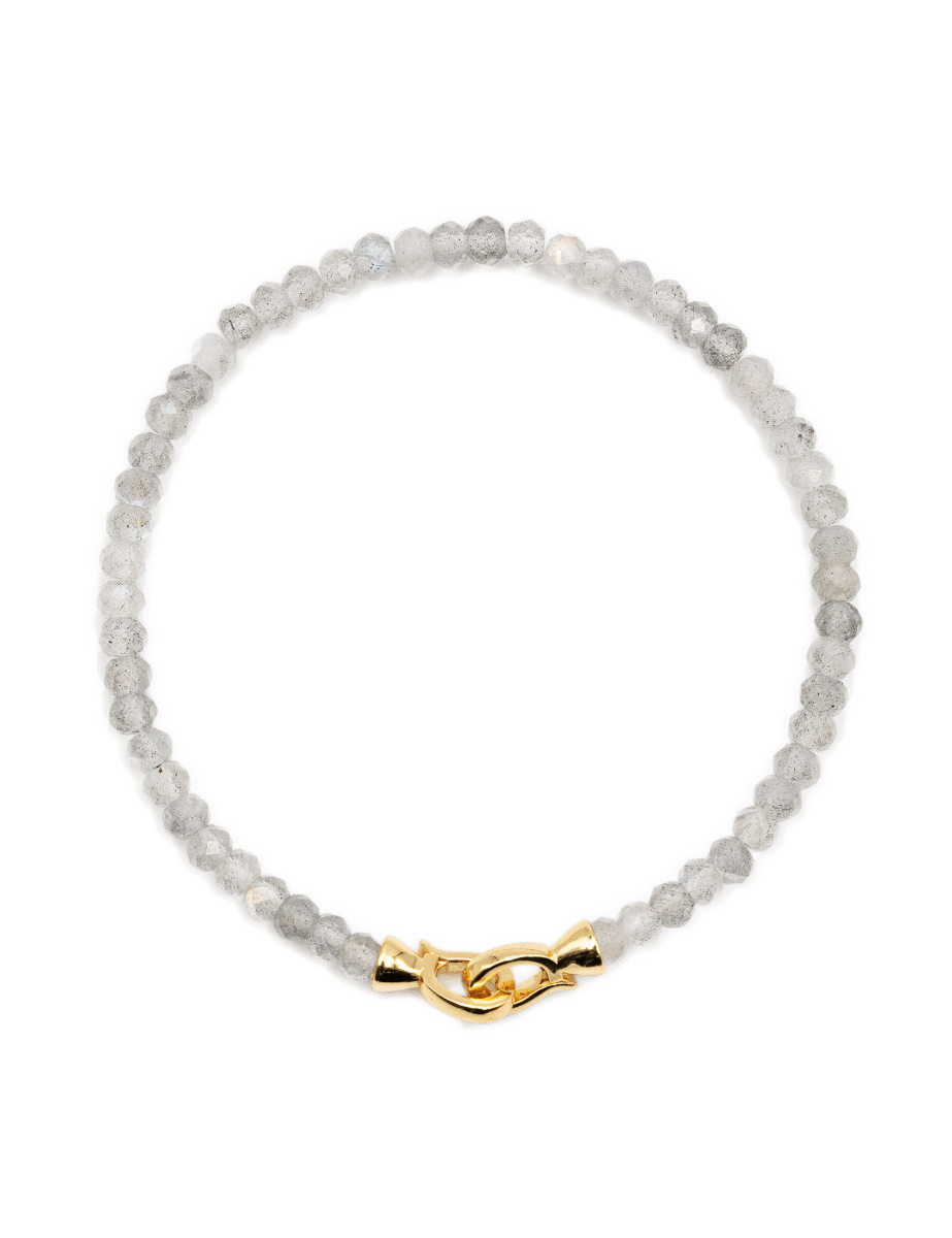 Elegant Growth Grey Moonstone bracelet with faceted beads and gold clasp, symbolizing intuition and emotional balance.