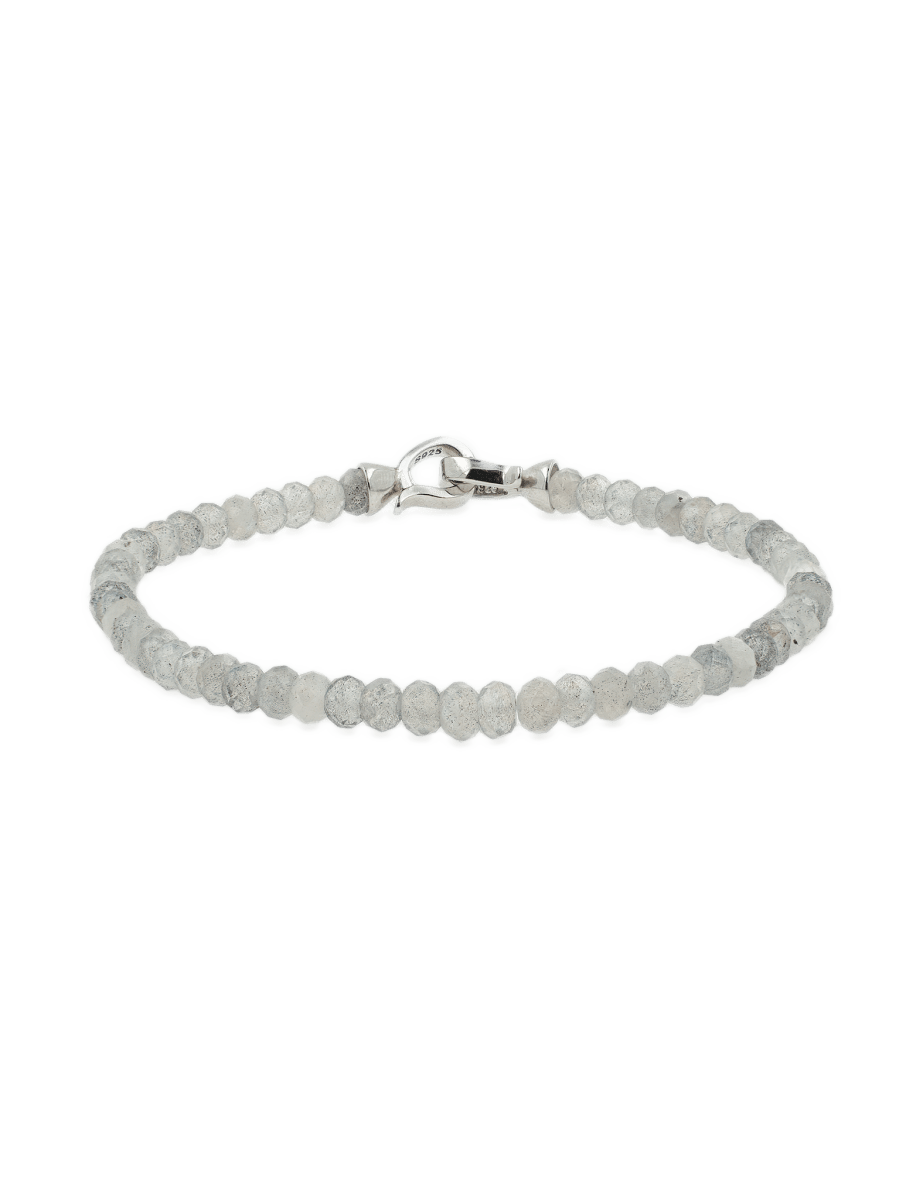 Grey Moonstone bracelet with 3x4mm faceted beads, features a sterling silver clasp for emotional balance and personal growth.