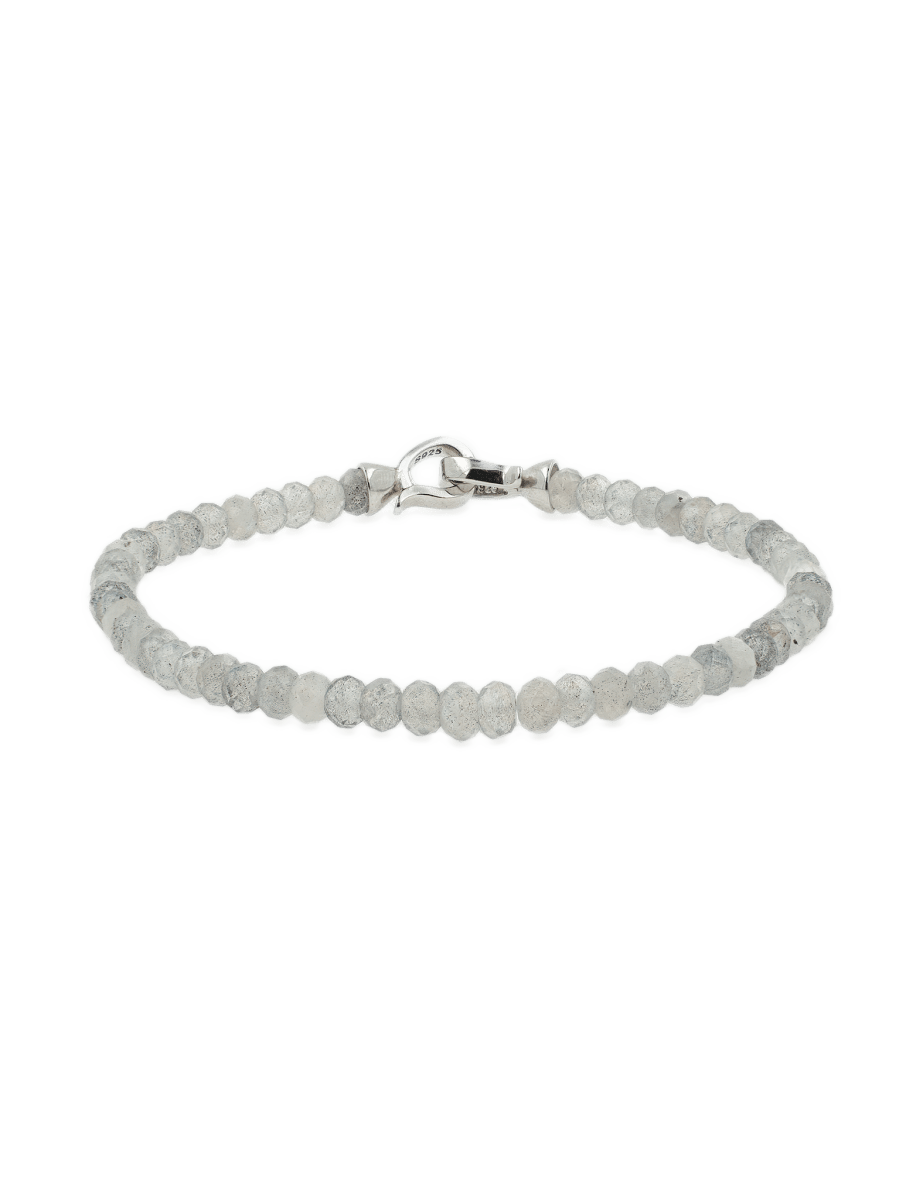 Grey Moonstone bracelet with 3x4mm faceted beads, features a sterling silver clasp for emotional balance and personal growth.