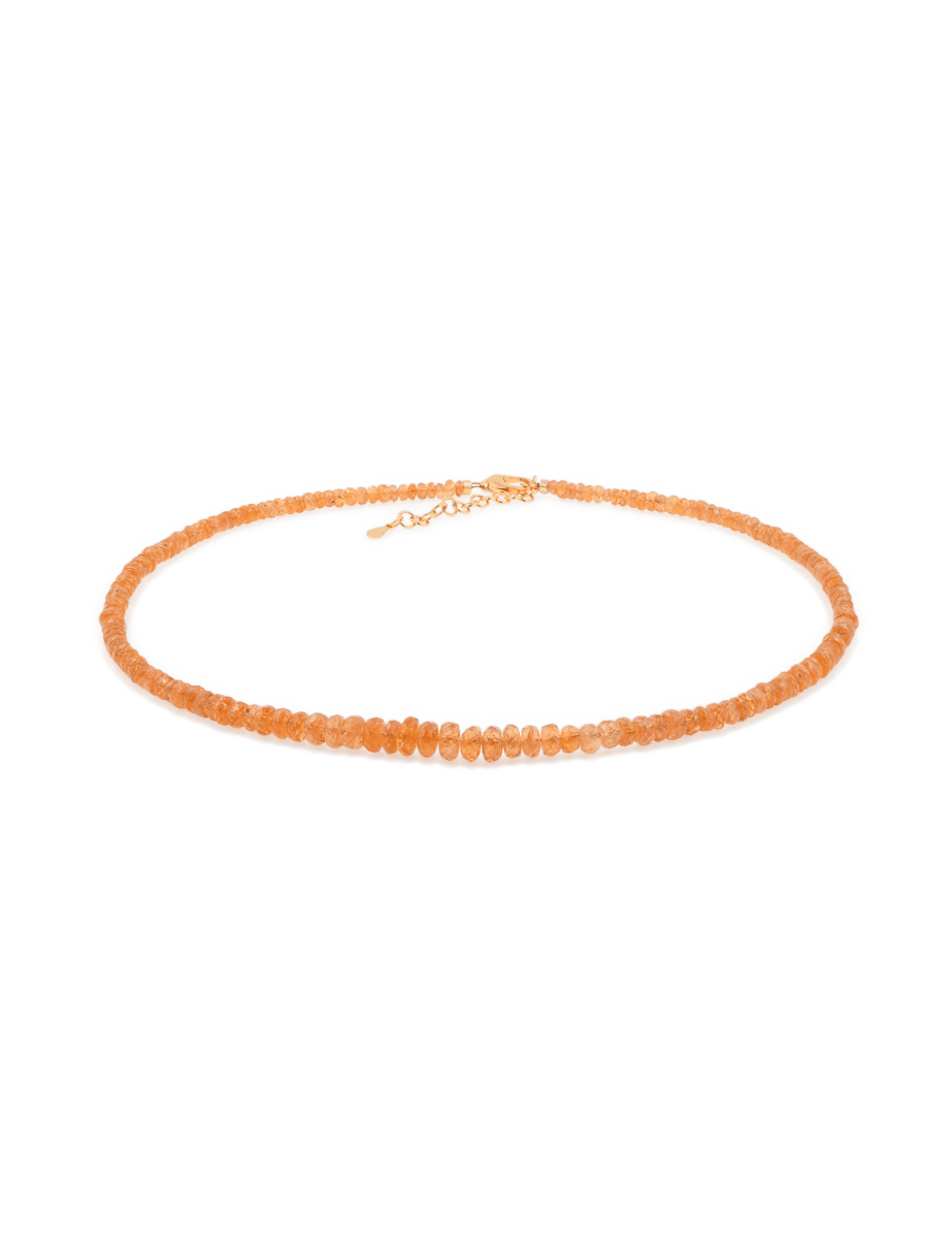 Vibrant Orange Garnet necklace with 4mm faceted beads in a gradual design, featuring a sterling silver clasp.