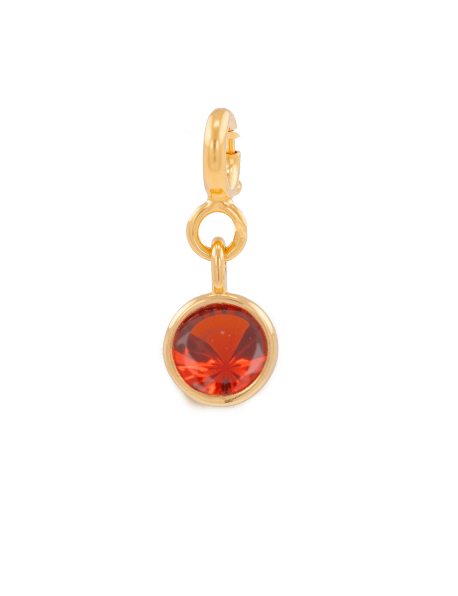 Growth Red Zircon charm featuring a vibrant 6mm round red zircon in a gold setting, promoting emotional strength.