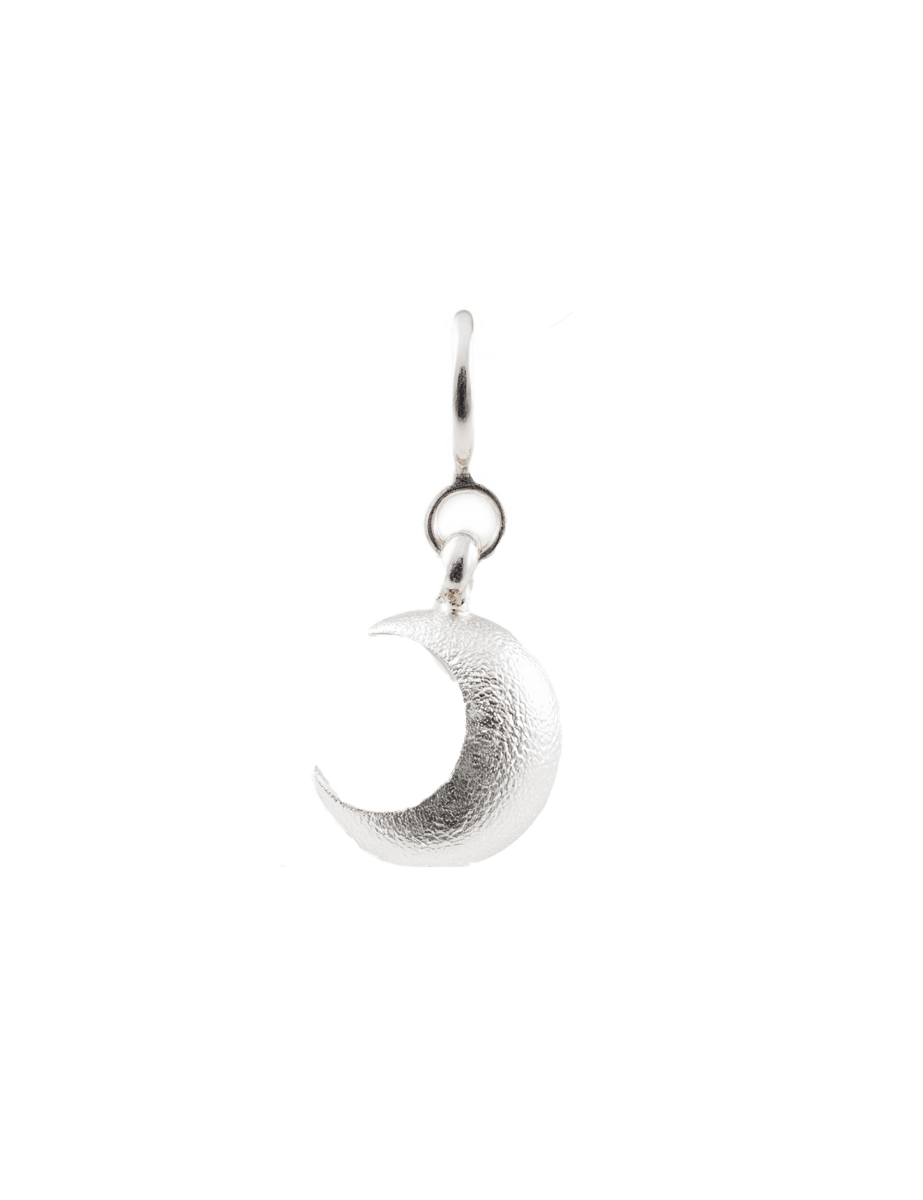 Brushed crescent moon charm symbolizing healing and renewal, showcasing elegant texture and design.
