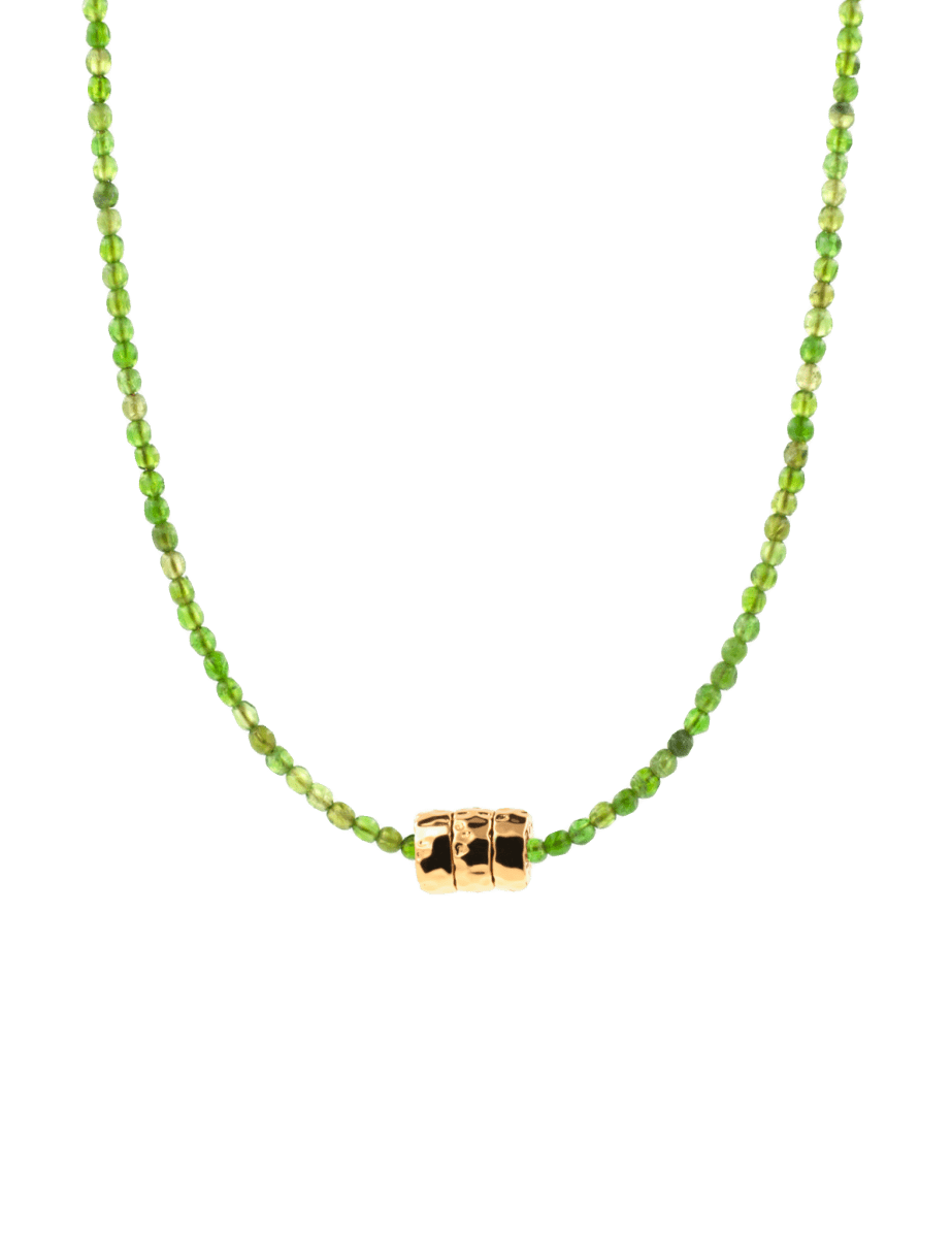 Healing Diopside dainty necklace featuring gold-plated nugget and soft green beads, artisan design.