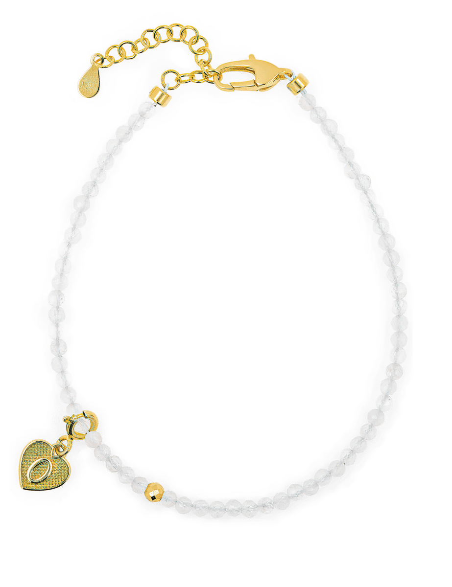 Faceted Moonstone bracelet with silver spacer bead and heart charm for love and emotional healing.