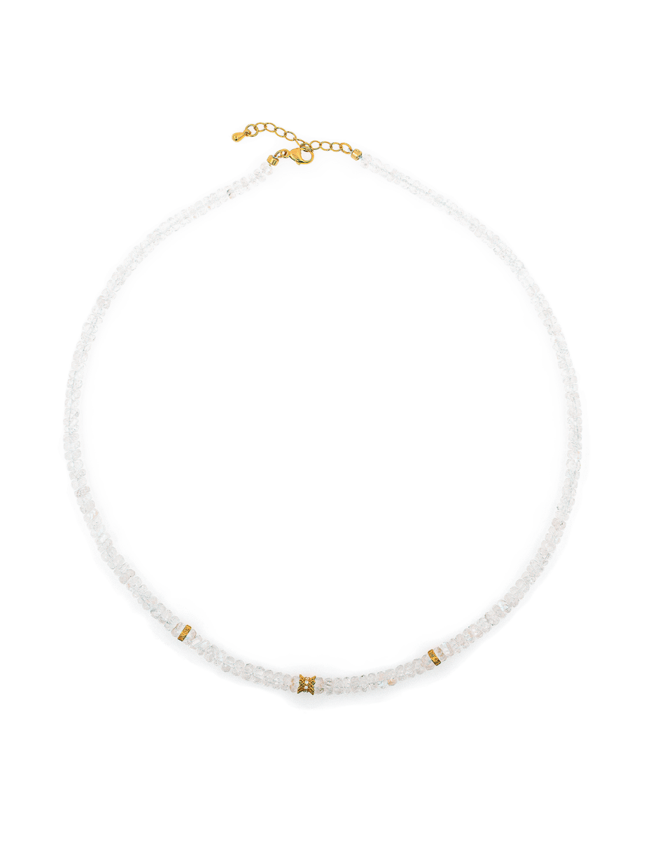 Healing Moonstone faceted necklace with silver spacer beads, promoting emotional balance and spiritual connection.